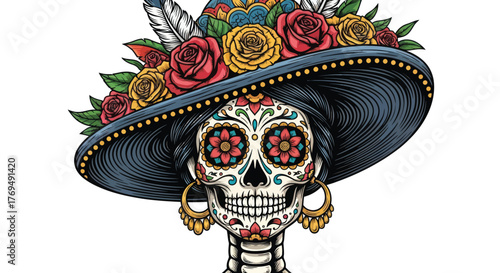 Stunning La Catrina with sugar skull face paint wearing vibrant roses, perfect for Day of the Dead celebration designs