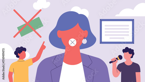 Silenced Woman's Voice Censorship, Suppression, and Lack of Freedom of Speech Illustration with Symbols