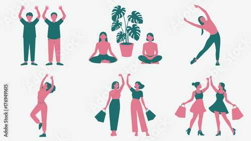 Silhouette Illustration People Exercising, Meditating, and Shopping with Bags in Pink and Teal Colors