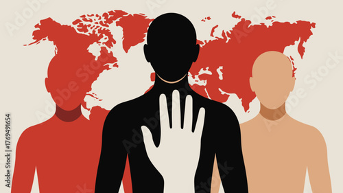 Silhouette Figures of Diverse People Standing Together Against a World Map Background