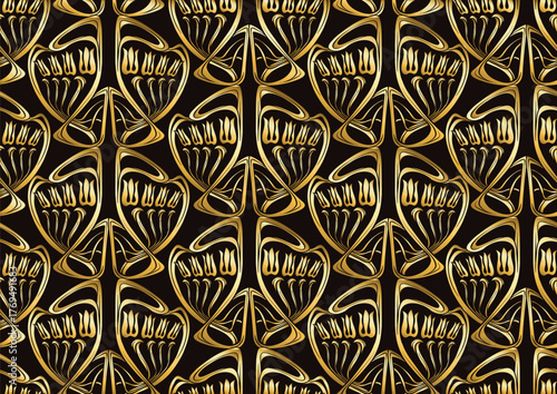 Decorative flowers and leaves in art nouveau style, vintage, old, retro style. Seamless pattern, background. Vector illustration. In art nouveau style, vintage, old, retro style. Gold and black