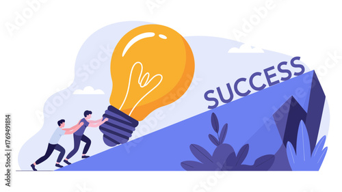 Teamwork and collaboration pushing a giant glowing light bulb uphill towards success and innovation