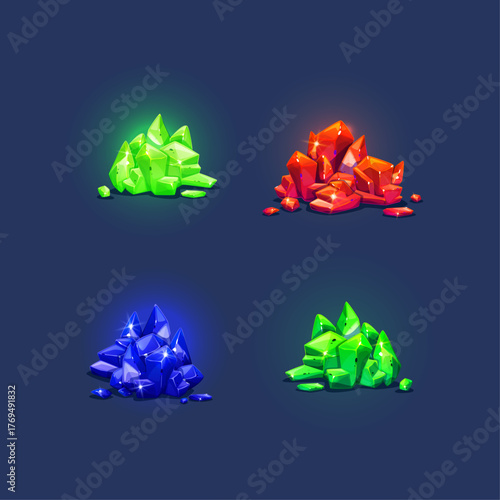 Vibrant Gemstone Clusters A Collection of Luminous Crystals in Blue, Red, and Green Hues