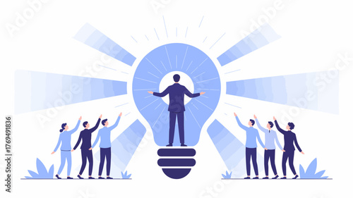 Leader standing inside a glowing light bulb inspiring a diverse group of people reaching upwards towards the light