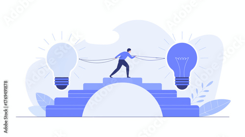 Man walking across bridge connecting two giant light bulbs representing ideas and innovation
