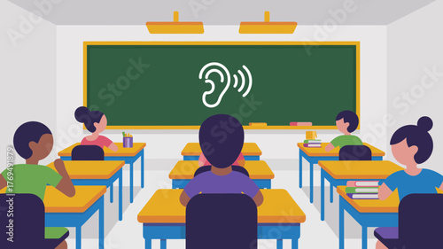 Diverse group of students attentively listening in a classroom with an ear symbol on the blackboard symbolizing hearing