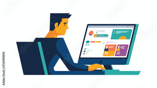 Young man focused on computer screen with social media interface working or studying online