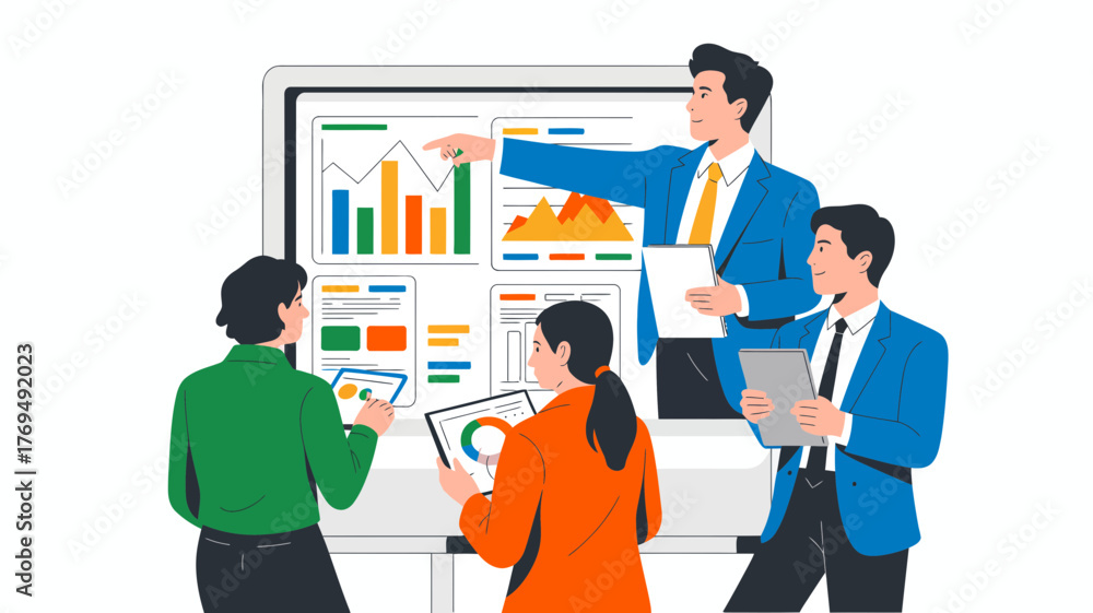 Fototapeta premium Diverse business team collaborates on financial data and charts presented on a large digital screen
