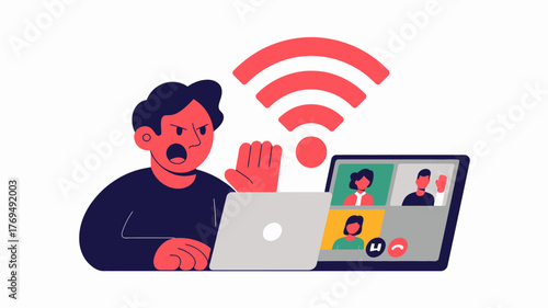 Frustrated man experiencing poor internet connection during a video conference call with colleagues