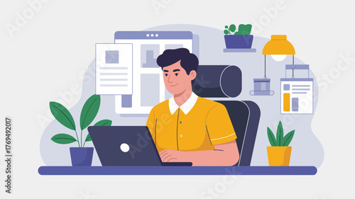 Young man working diligently on his laptop at a desk with plants and documents in a modern home office setting