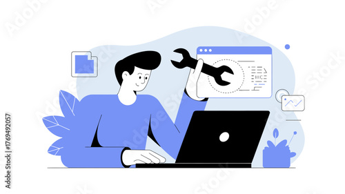 Man working on laptop with wrench symbol indicating technical support or it troubleshooting and repair services