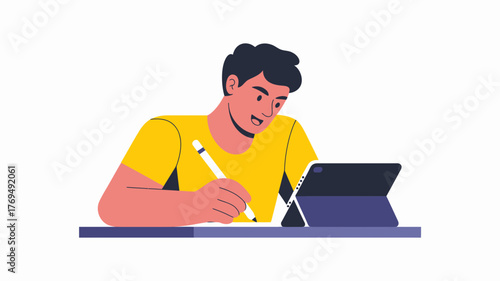 Young man focused on learning and working on a tablet with a stylus in a modern flat illustration style