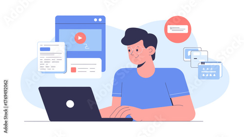 Young man focused on laptop screen with online learning materials and educational content surrounding him