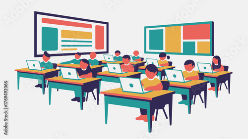 Children learning with laptops in a modern classroom with interactive digital screens displaying educational content