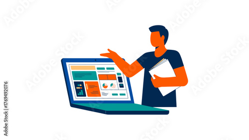 Young man standing next to a laptop computer presenting data and information on screen with a confident gesture