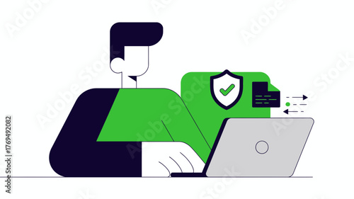 Person working on a laptop with a secure digital document protected by a shield and checkmark icon