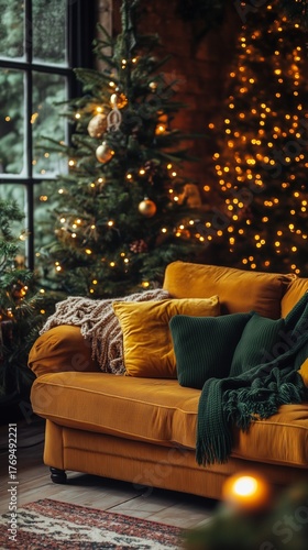christmas hygge interior retro holiday lounge scene with corduroy sofa, macramé decorations, and vintage tree lights, vintage film look