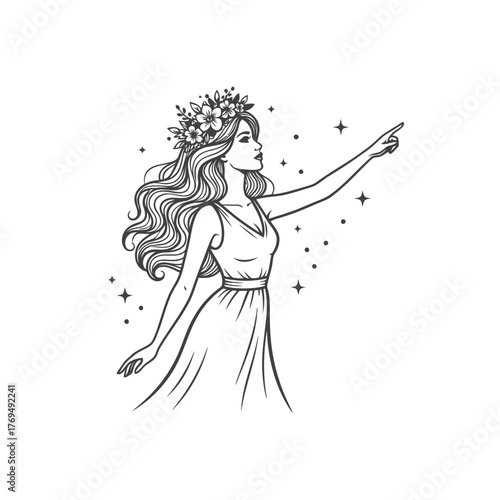 Young girl in a spring dress, a fashion illustration sketch of a beautiful princess silhouette with flowers in her hair