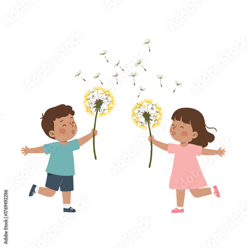 Children happily blowing fluffy dandelion seeds into the air, captured in a bright, clean, flat 2D vector illustration isolated on a white background, symbolizing wishes and freedom.
