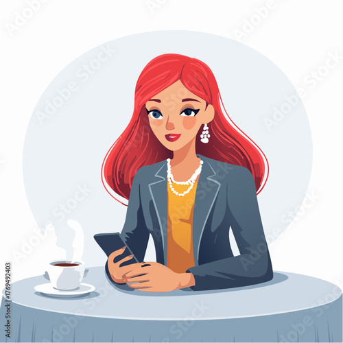 Cartoon illustration of a red-haired businesswoman sitting at a table, checking her phone with a cup of coffee, wearing a blue blazer and pearl necklace against a light background.
