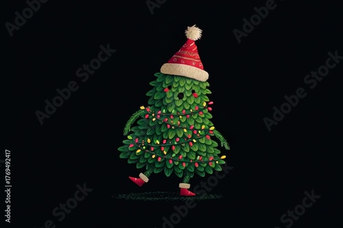 Animated Christmas tree character with festive hat and lights, joyfully dancing across a dark background, showcasing playful movement and vibrant colors in a whimsical scene