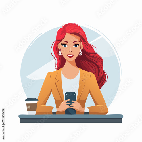 Cartoon illustration of a smiling businesswoman with long red hair holding a smartphone and sitting with a coffee cup on a table against a plane window background.