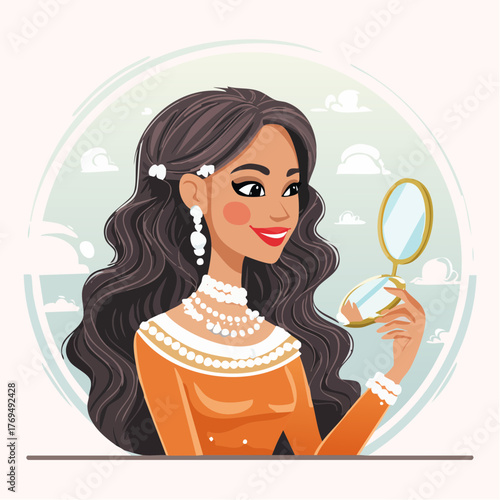 Illustration of a young woman with long dark hair and pearl jewelry admiring herself in a handheld mirror against a stylized sky background.
