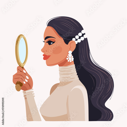 Illustration of a woman with long dark hair holding a handheld mirror in her right hand against a clean white background.