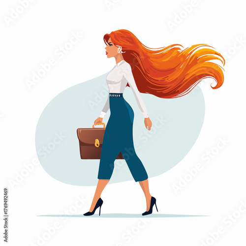 A cartoon illustration of a young businesswoman walking with long red hair, briefcase, and high heels against a light blue background.