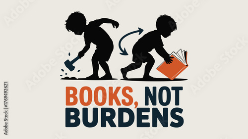 Silhouette of Children, Hammering then Reading Books, Not Burdens Concept Illustration