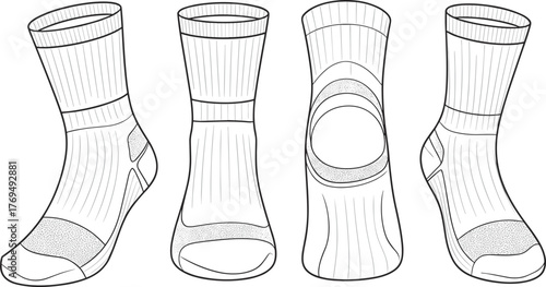 Athletic sock technical design, sport sock vector, performance wear illustration, footwear CAD drawing, textile detail, flat fashion sketch, cad drawing flat vector illustration