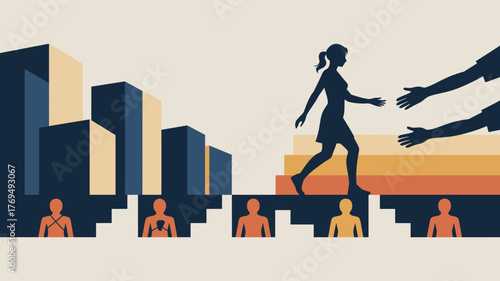 Silhouette of Woman Ascending Stairs, Assisted by Helping Hands Above, Challenges Below
