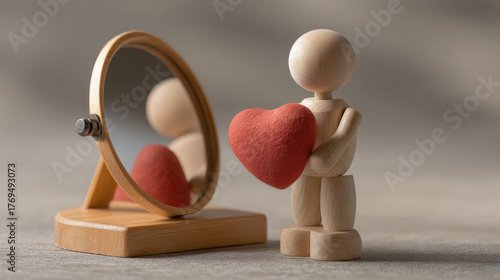 Wooden mannequin holding red heart looking at its reflection in mirror. contemplative concept of self love, romance, and acceptance