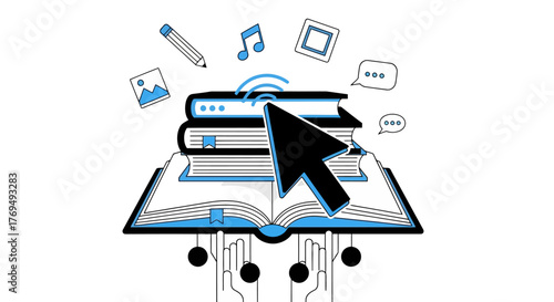 Online learning concept digital books, cursor, and multimedia icons representing e-learning