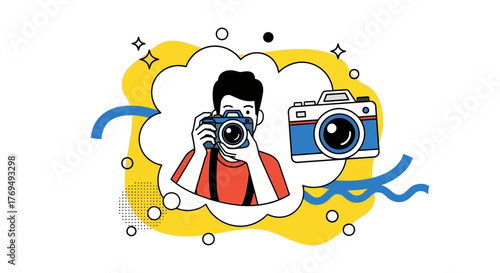 Photographer holding a camera with an illustration of another camera, capturing moments in photography