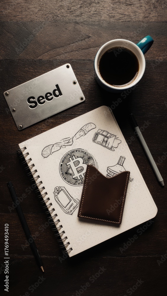 Naklejka premium Crypto Security Flat Lay with Hardware Wallet and Seed Plate