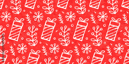 Christmas seamless pattern with white gift boxes with crayon texture. Red winter holiday background with presents with bow, snowflakes, mistletoe and Christmas tree branches, vector illustration