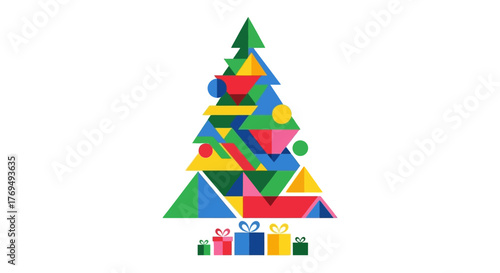 Festive Geometric Christmas Tree Illustration with Colorful Shapes and Gift Boxes for Holiday Season
