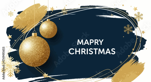 Festive Holiday Decoration with Golden Ornaments and the Word 'Christmas' in a Stylish Design