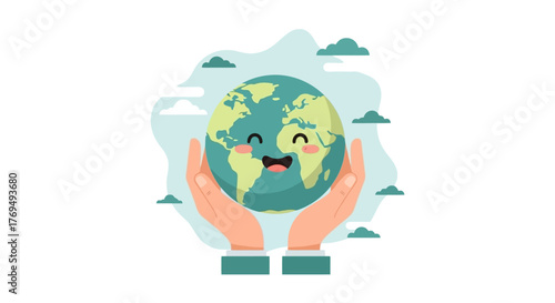 Protecting Our Planet Hands Cradle a Smiling Earth, Symbolizing Environmental Awareness and Sustainability