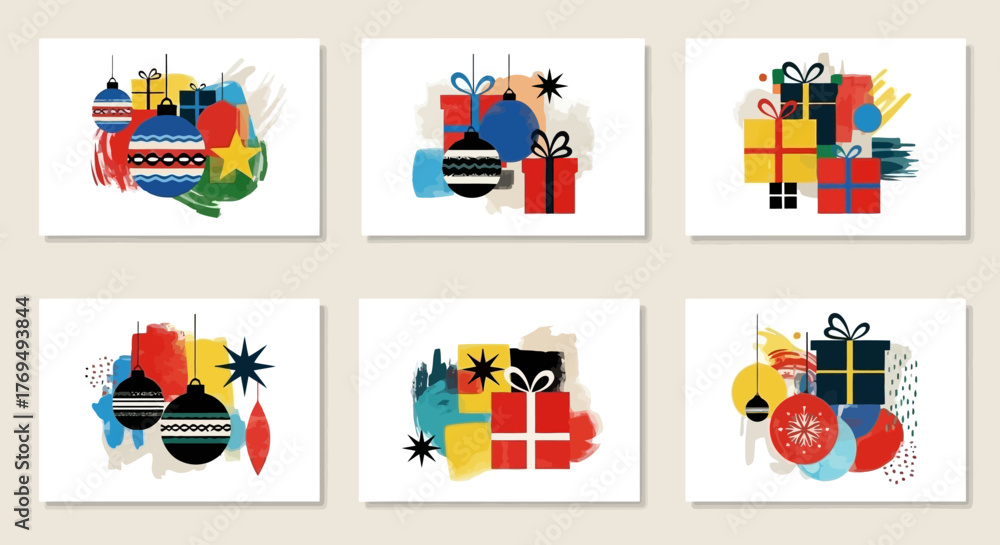 Fototapeta premium Festive Gift Box Designs A Collection of Colorful Holiday Presents and Decorations on White Backgrounds