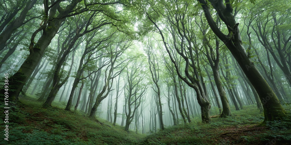 Naklejka premium Forest with trees and a foggy sky