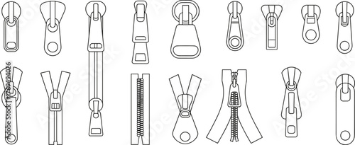 Zipper vector set, black and white zipper icons, fashion accessory elements, garment fastener illustrations, technical zipper pull designs, editable outline style