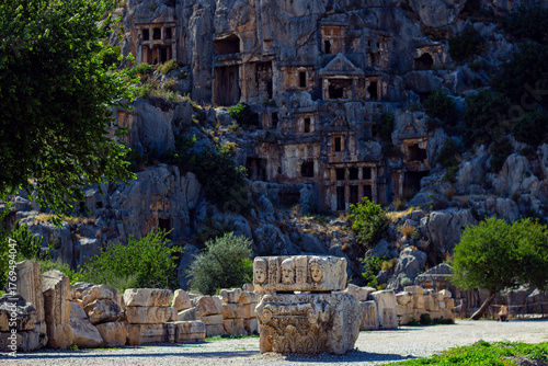 Limestone Sculpture with Human Face Reliefs at the Front of Lycian Rock Tombs, Myra, Turkey