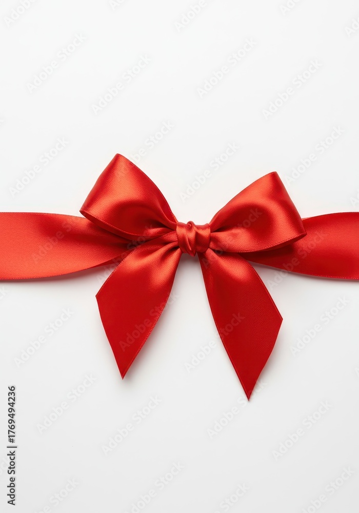 Fototapeta premium A luxurious satin red bow prominently tied, centered on a pristine white backdrop, suitable for Christmas, Valentine, or anniversary wrapping ,gift ,vibrant ,background