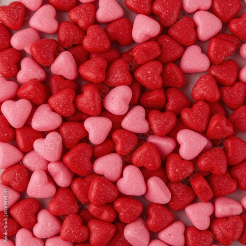 A generous scattering of vibrant red and delicate pink heart-shaped confectionery, symbolizing affection and sweet romance, perfect for celebrations ,festive ,shape ,passion
