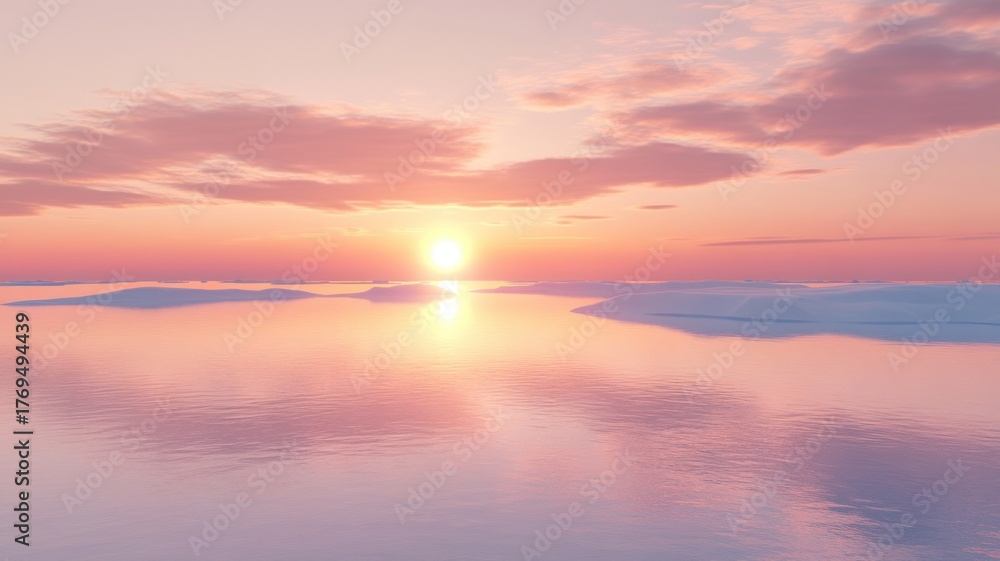 Fototapeta premium Minimalist arctic plain featuring frozen tundra and distant icebergs lit by soft orange sunlight