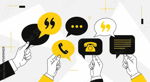 Communication and Contact Icons Hands Holding Speech Bubbles and Phone Symbols on a White Backdrop
