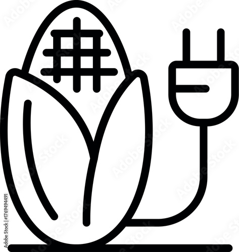 Corn cob is connected to an electric plug, representing the concept of biofuel and sustainable energy sources