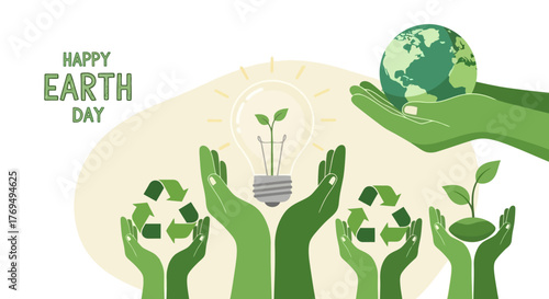 Earth Day Green Hands Nurturing a Sustainable World with Recycling and Growth